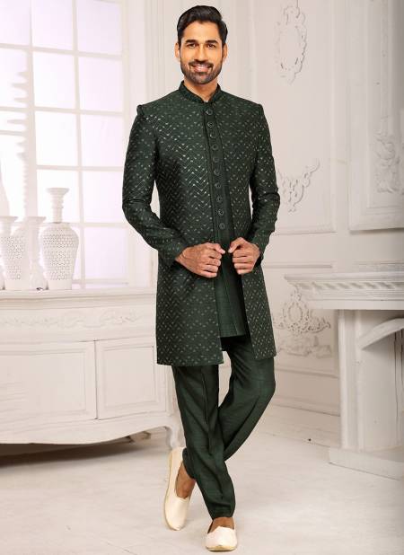 Bottle Green Colour Party Wear Jacquard Nawabi Indo Western Collection 1129